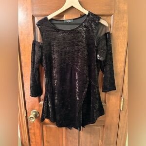 LIOR PARIS Black velvet and sheer long sleeve tunic top. Size L.